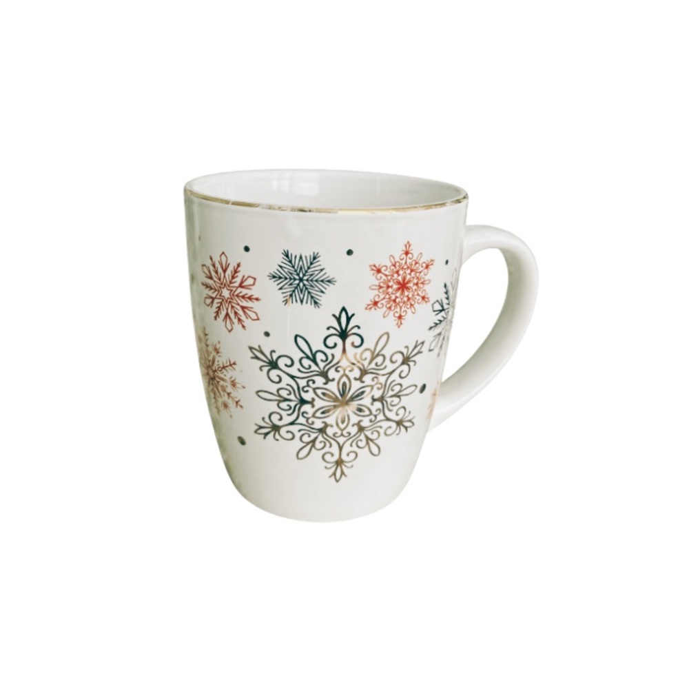 DESIGNPAC || WHITE BLUE GOLD RED || TEA/COFFEE SNOWFLAKE DESIGN MUG WITH HANDLE